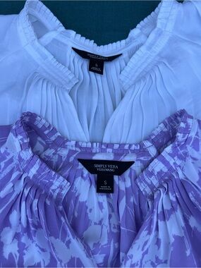 Sleeveless White V-Neck and Violet print V-neck tops. Sold as set of 2.